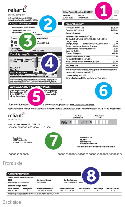 Reliant Energy Example Bill